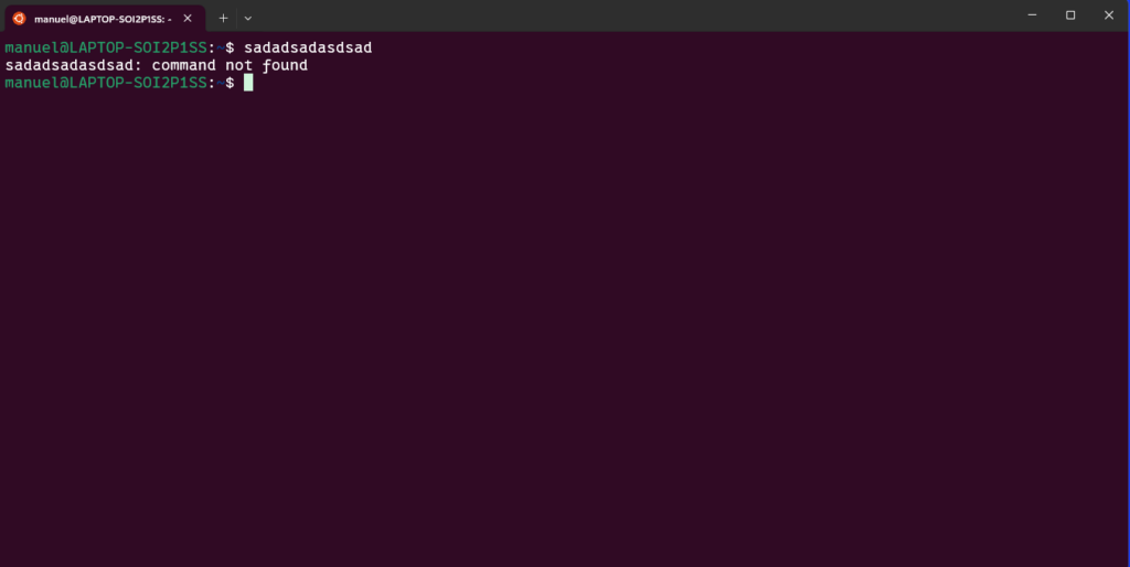 Uma imagem do Windows Terminal com WSL - Ubuntu instalado após ter inserido um comando que não existe.