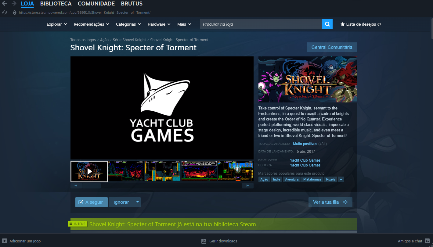 Uma imagem do jogo Shovel Knight: Specter of Torment, na Steam.