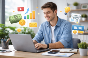 Uma imagem de um jovem a trabalhar no blog para ganhar um rendimento extra.