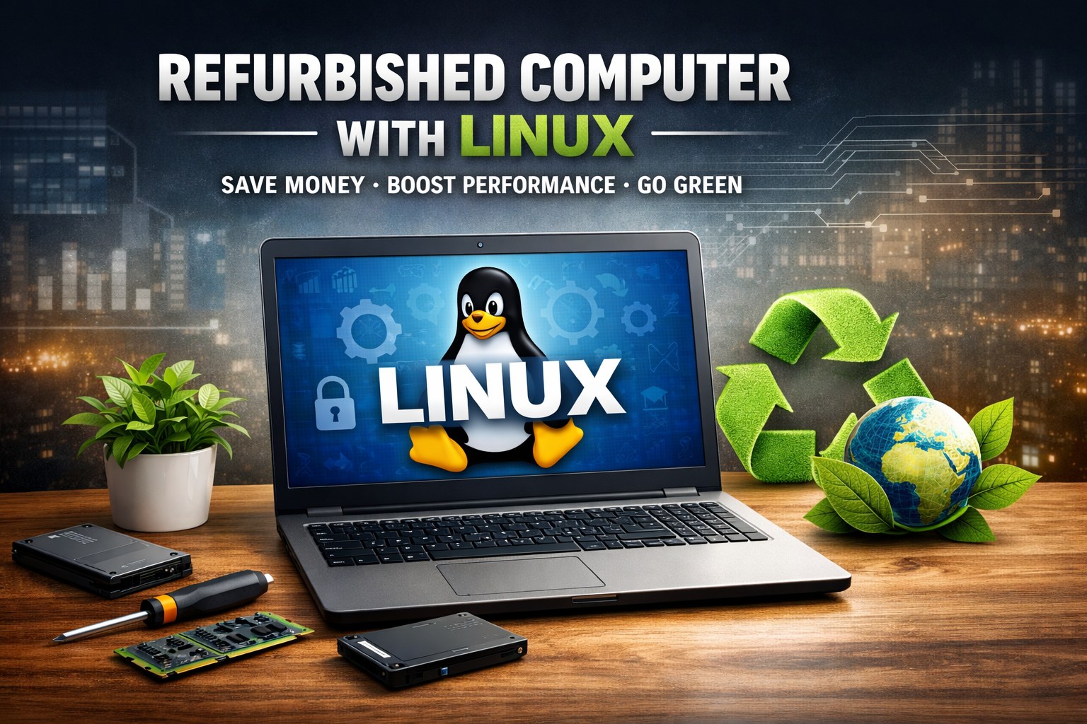 Article image with a refurbished computer with Linux.