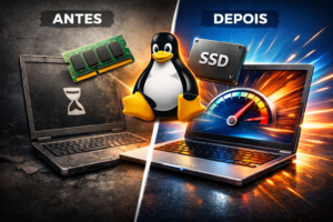 Foto de artigo sobre upgrade de RAM e SSD juntamente com a instalação de uma distribuição Linux.