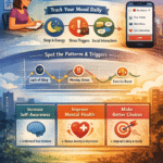 A colorful infographic illustrates how daily mood tracking—through factors like sleep, stress, and social interactions—helps reveal emotional patterns, improve self-awareness, and support better mental health and decision-making.