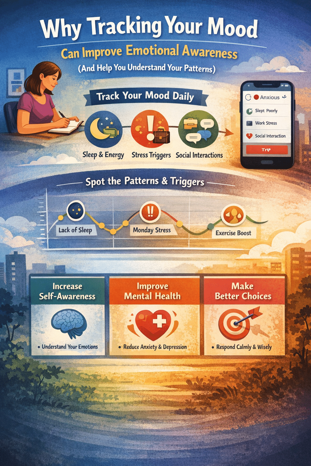 A colorful infographic illustrates how daily mood tracking—through factors like sleep, stress, and social interactions—helps reveal emotional patterns, improve self-awareness, and support better mental health and decision-making.