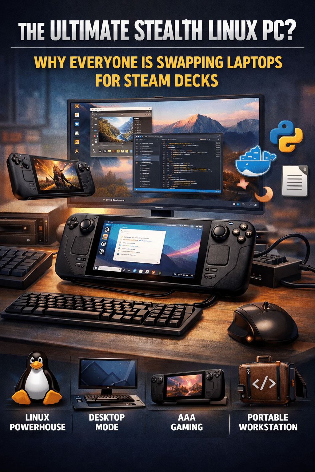 A compact visual showcases the Steam Deck as a versatile device that transforms from a handheld gaming console into a full Linux-powered desktop workstation.